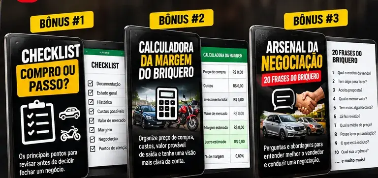 Checklist, calculadora de margem e frases de negociação exibidos em dispositivos